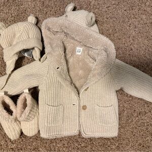GAP Cream Knit Baby Hooded Cardigan Set with Hat & Booties